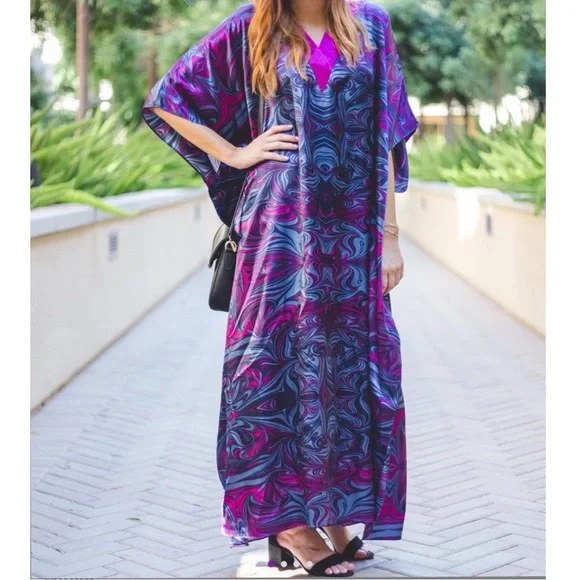 CARESS PURPLE BLUE MIX S-4X FULL LOUNGE ROBE COVERUP DRESS CAFTAN KAFTAN - Picture 1 of 4